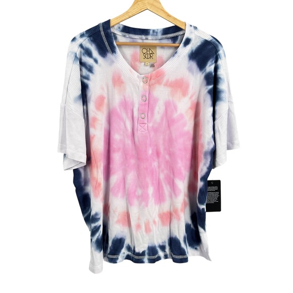 Chaser Ribbed Tie Dye Button Henley Top Women's 3X Plus Size Short Sleeve - Picture 1 of 4
